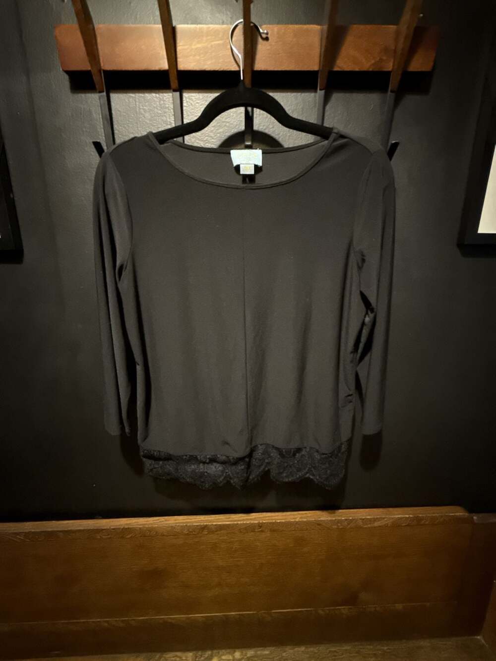 CeCe by Cynthia Steffe Women's Long Sleeve Black Top with Lace Hem Trim, Size XS